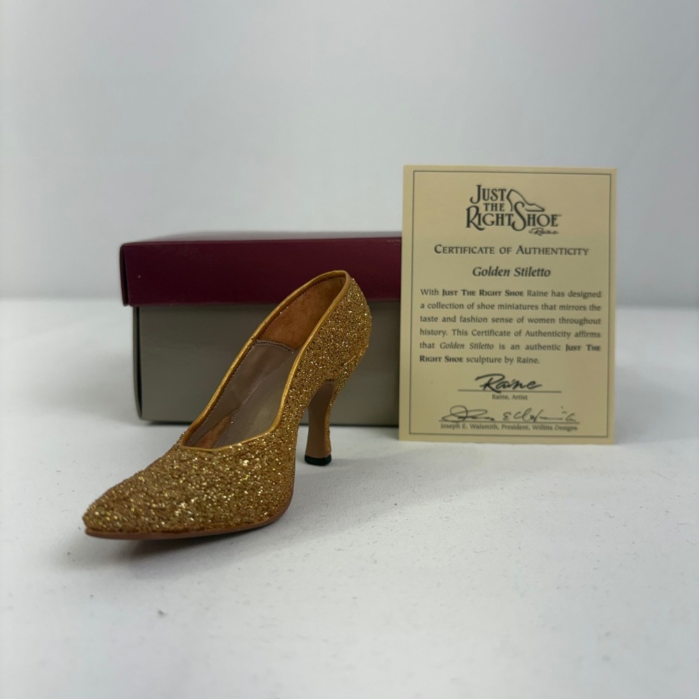 Vintage Just The Right Shoe By Raine Golden Stiletto 25045 1999 Box COA